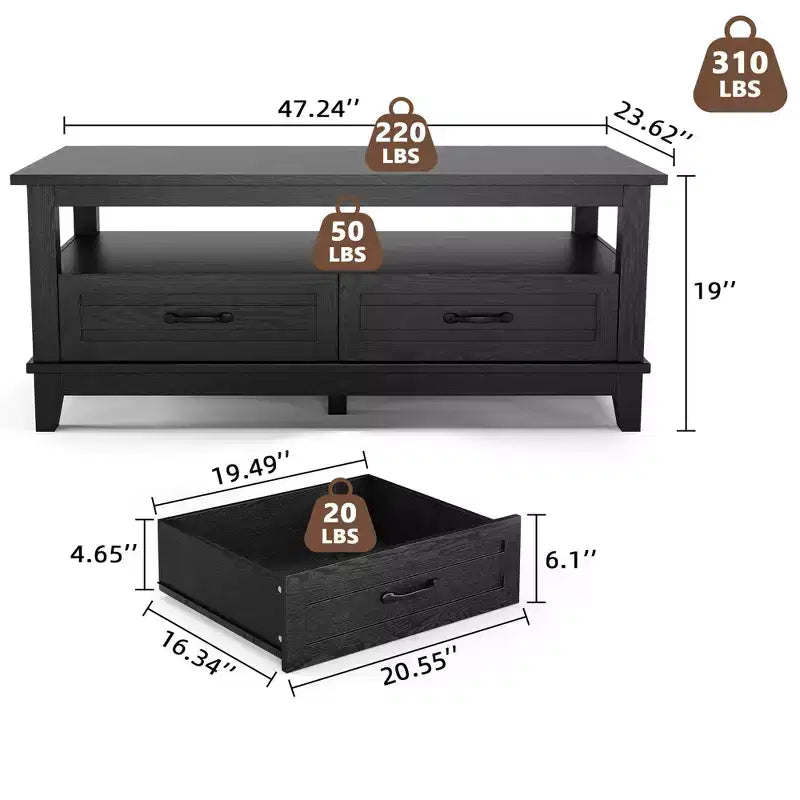 Mesa de centro con cajones, 120 cm, estilo rústico, con estantes abiertos y 6 patas de apoyo.