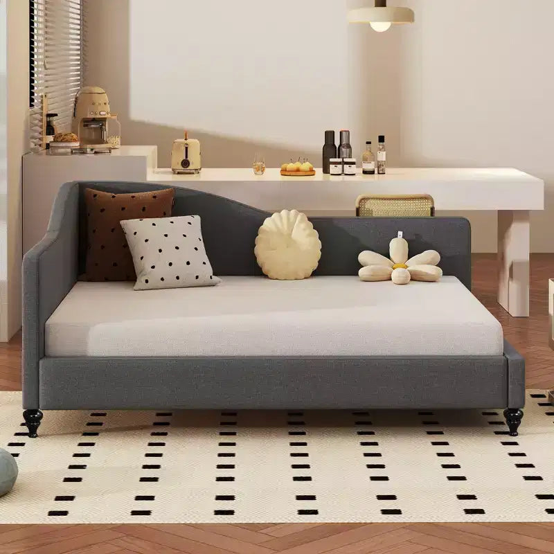 Sofá cama tapizado en forma de L doble/matrimonial, estructura de sofá cama esquinero de lino con patas de madera maciza para sala de estar