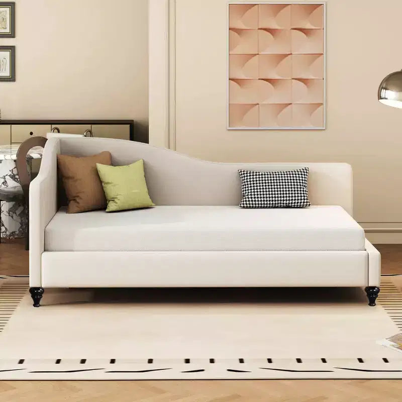 Sofá cama tapizado en forma de L doble/matrimonial, estructura de sofá cama esquinero de lino con patas de madera maciza para sala de estar