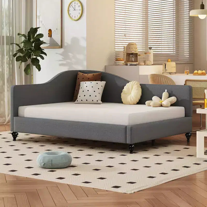 Sofá cama tapizado en forma de L doble/matrimonial, estructura de sofá cama esquinero de lino con patas de madera maciza para sala de estar