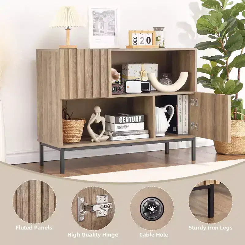 Aparador semicerrado, aparador de patrón ondulado de 39.4 pulgadas con patas de metal, mesa consola marrón roble y negra para sala de estar, comedor, almacenamiento de entrada