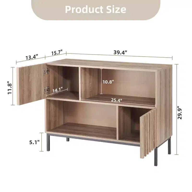 Aparador semicerrado, aparador de patrón ondulado de 39.4 pulgadas con patas de metal, mesa consola marrón roble y negra para sala de estar, comedor, almacenamiento de entrada