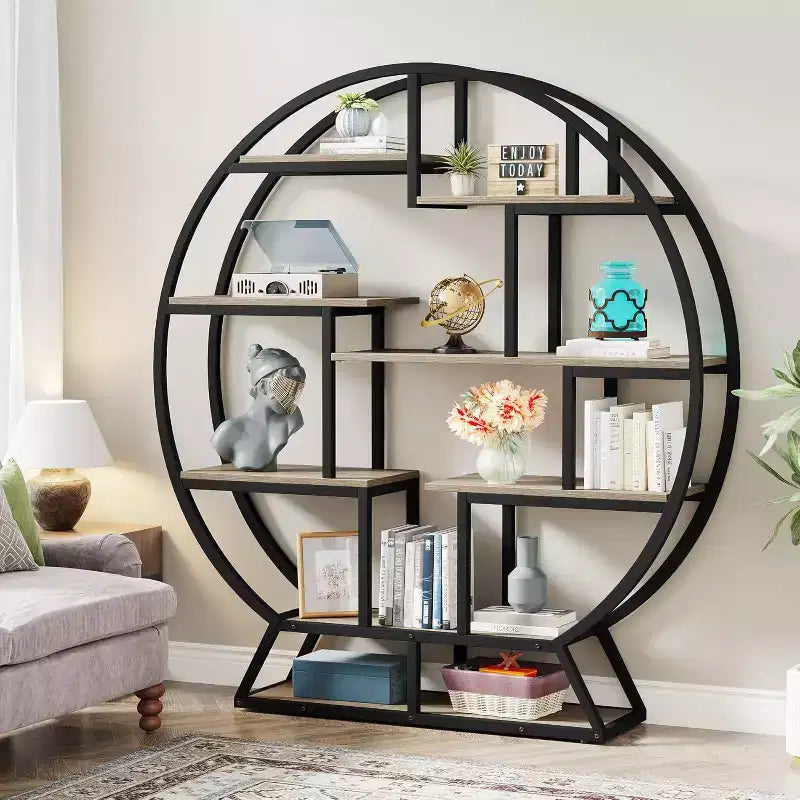 Estantería industrial de madera de 63" con estantes escalonados, estante de exhibición para oficina en casa y sala de estar, gris