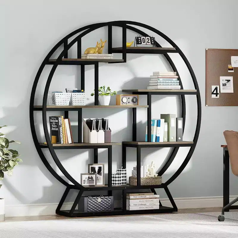 Estantería industrial de madera de 63" con estantes escalonados, estante de exhibición para oficina en casa y sala de estar, gris