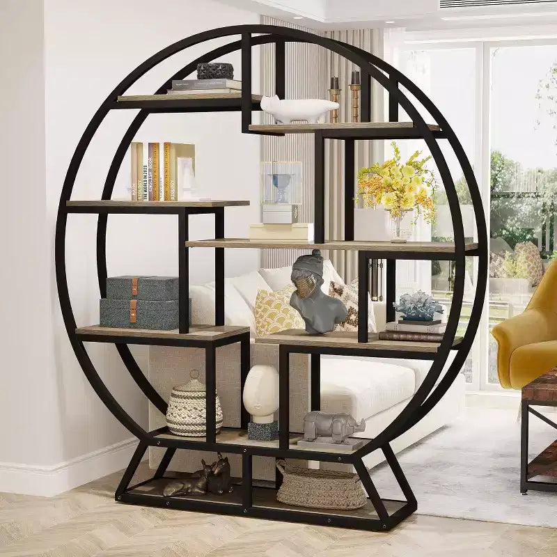 Estantería industrial de madera de 63" con estantes escalonados, estante de exhibición para oficina en casa y sala de estar, gris