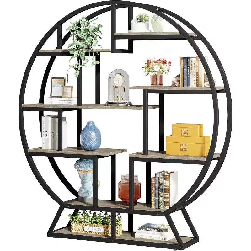 Estantería industrial de madera de 63" con estantes escalonados, estante de exhibición para oficina en casa y sala de estar, gris