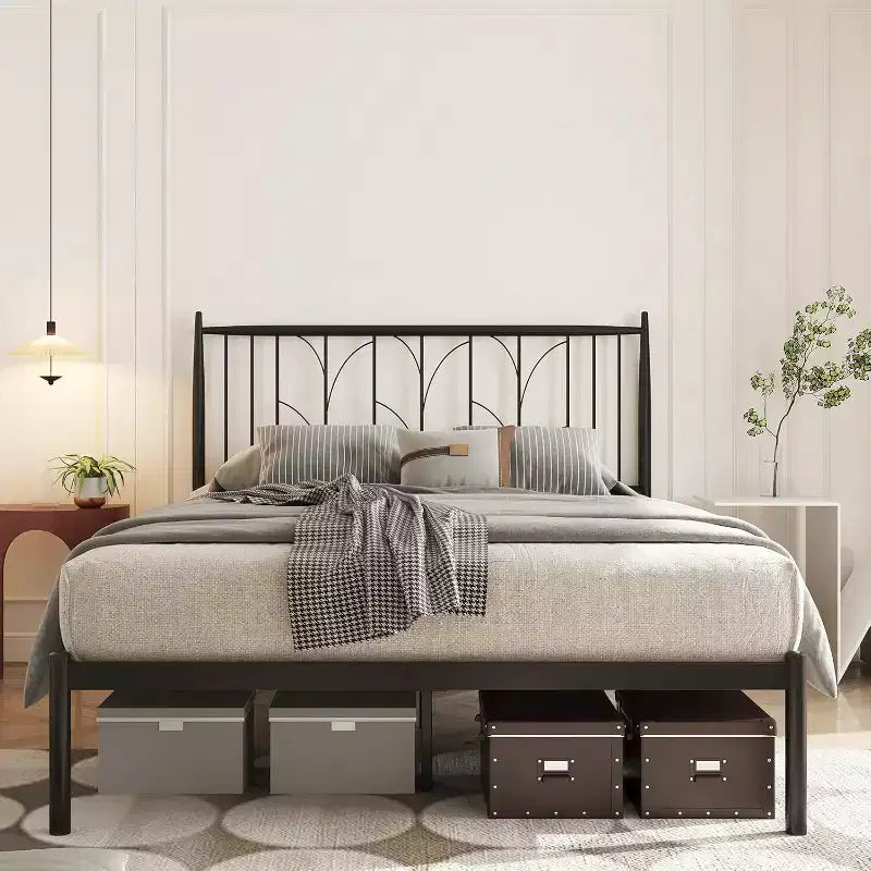Base de cama de plataforma de metal con cabecero, no necesita somier, almacenamiento debajo de la cama