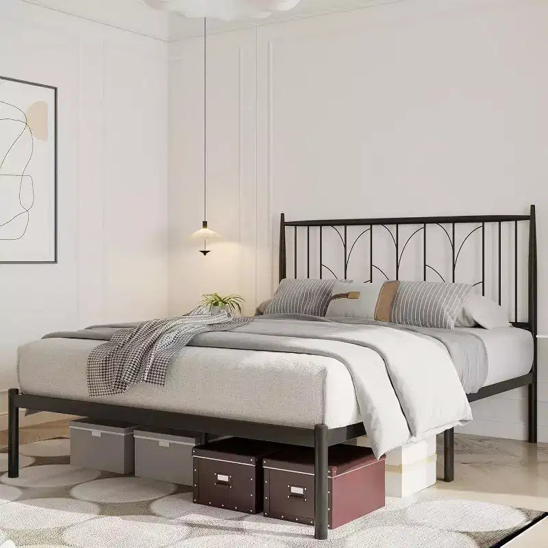Base de cama de plataforma de metal con cabecero, no necesita somier, almacenamiento debajo de la cama