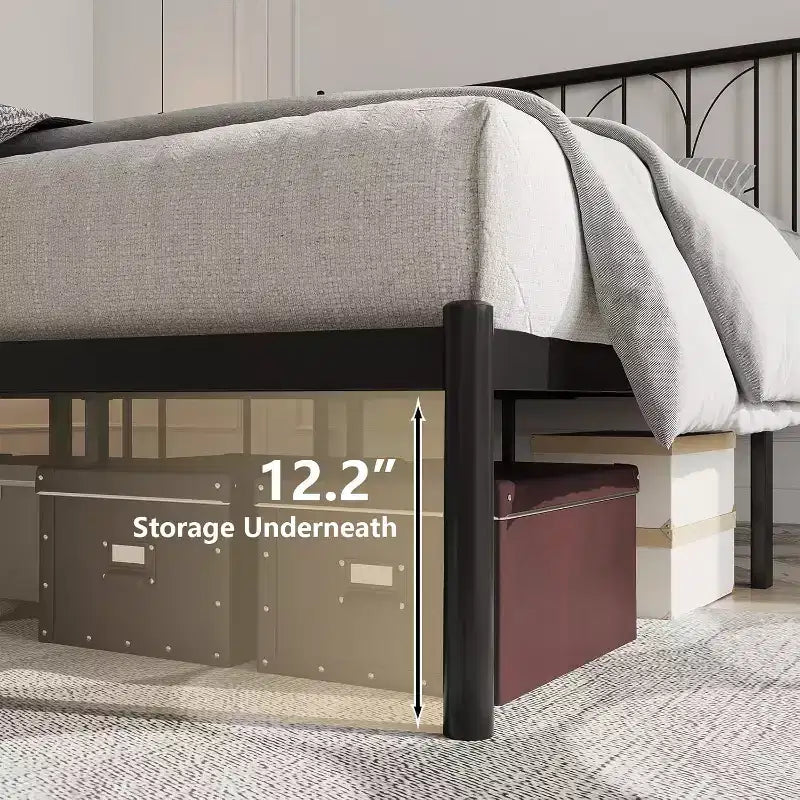 Base de cama de plataforma de metal con cabecero, no necesita somier, almacenamiento debajo de la cama
