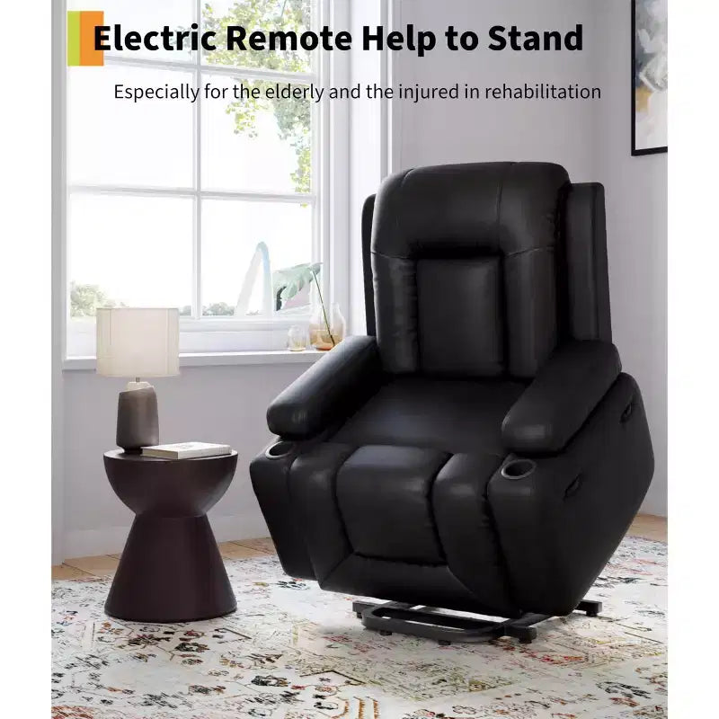 Sillón reclinable eléctrico con funciones de calefacción y masaje, material de cuero PU, diseñado para personas mayores y con problemas de movilidad.