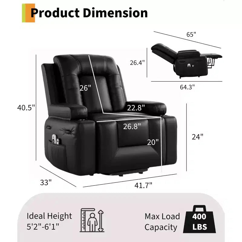 Sillón reclinable eléctrico con funciones de calefacción y masaje, material de cuero PU, diseñado para personas mayores y con problemas de movilidad.