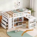 Litera individual tipo loft con cajón, armario, estante y escritorio extraíble, madera de caucho con barandilla y escalera, blanco