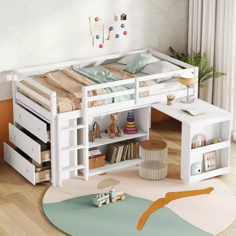 Litera individual tipo loft con cajón, armario, estante y escritorio extraíble, madera de caucho con barandilla y escalera, blanco