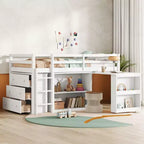 Litera individual tipo loft con cajón, armario, estante y escritorio extraíble, madera de caucho con barandilla y escalera, blanco