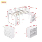 Litera individual tipo loft con cajón, armario, estante y escritorio extraíble, madera de caucho con barandilla y escalera, blanco