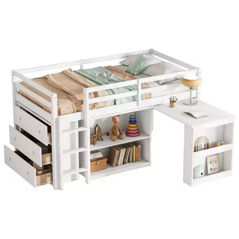 Litera individual tipo loft con cajón, armario, estante y escritorio extraíble, madera de caucho con barandilla y escalera, blanco