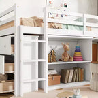 Litera individual tipo loft con cajón, armario, estante y escritorio extraíble, madera de caucho con barandilla y escalera, blanco