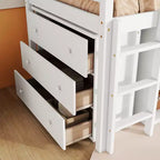 Litera individual tipo loft con cajón, armario, estante y escritorio extraíble, madera de caucho con barandilla y escalera, blanco
