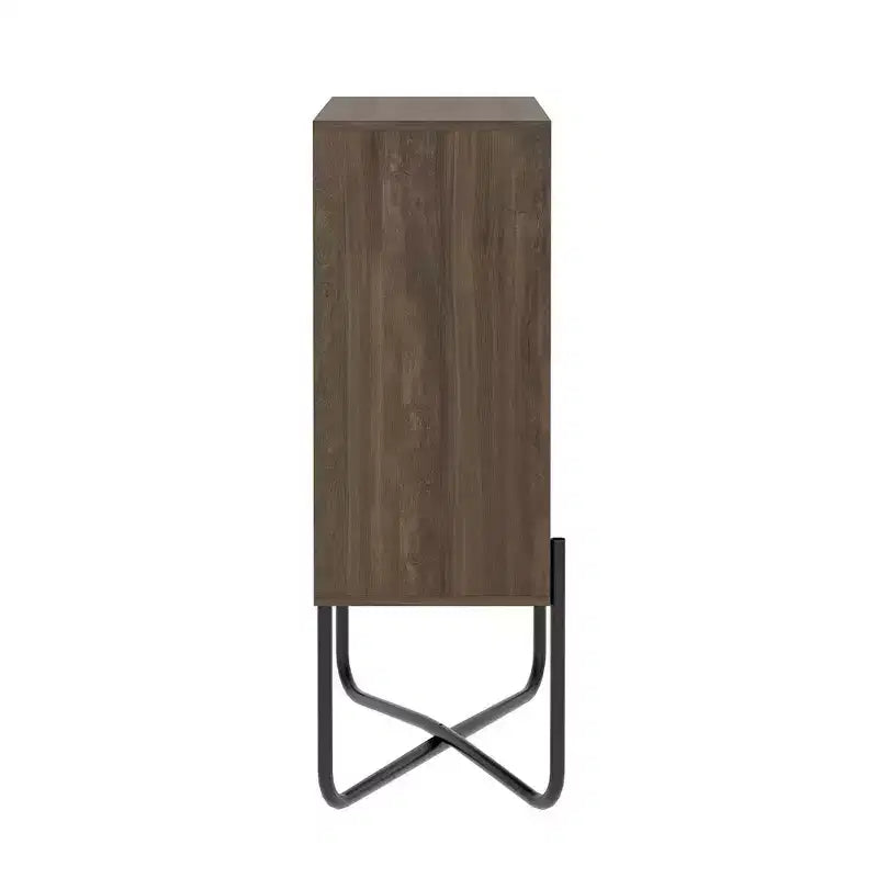 Estantería geométrica de diseño moderno, con 2 niveles de estantes abiertos y cerrados, color nogal y blanco