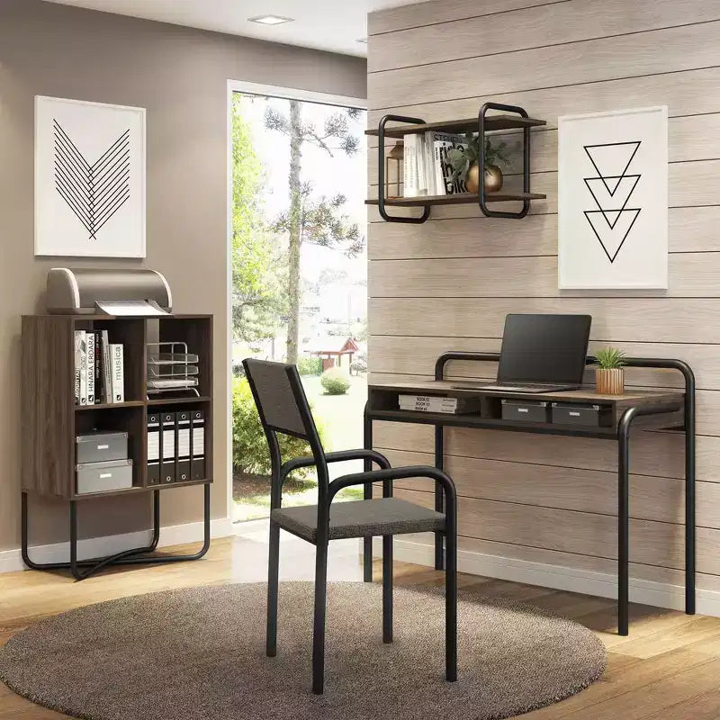 Estantería geométrica de diseño moderno, con 2 niveles de estantes abiertos y cerrados, color nogal y blanco