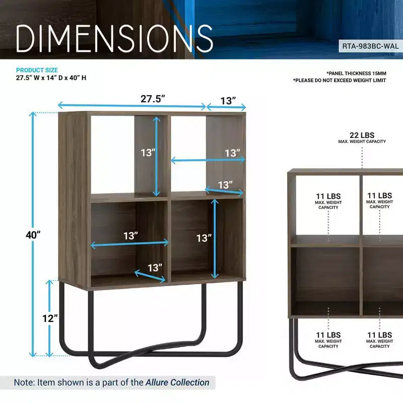Estantería geométrica de diseño moderno, con 2 niveles de estantes abiertos y cerrados, color nogal y blanco