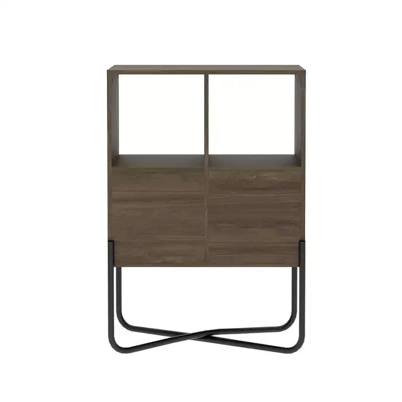 Estantería geométrica de diseño moderno, con 2 niveles de estantes abiertos y cerrados, color nogal y blanco