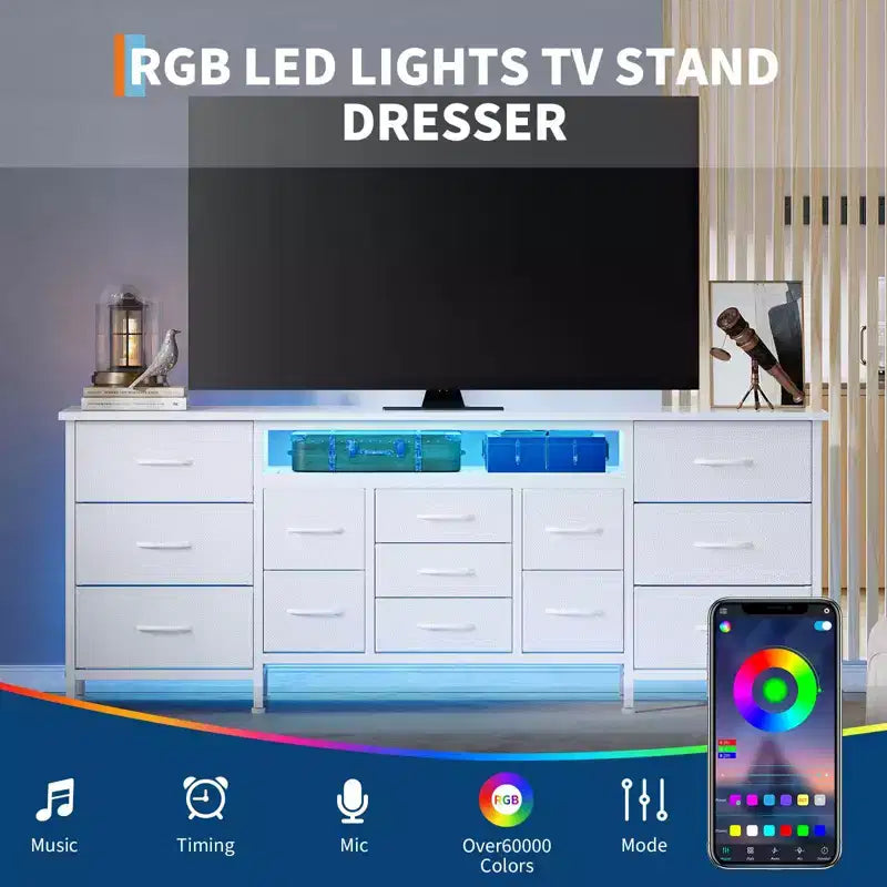 Cómoda de 70 pulgadas de largo con 13 cajones, soporte de TV para televisores de 65 a 80 pulgadas con estación de carga, organizador de almacenamiento de tela para dormitorio y sala de estar