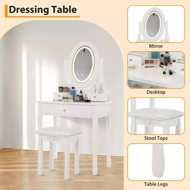 Tocador con espejo de maquillaje con luz LED, que incluye un taburete acolchado, 3 modos de iluminación y 3 cajones de almacenamiento, perfecto para el dormitorio.