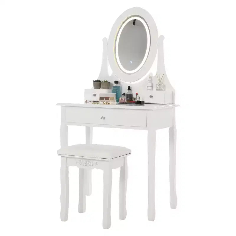 Tocador con espejo de maquillaje con luz LED, que incluye un taburete acolchado, 3 modos de iluminación y 3 cajones de almacenamiento, perfecto para el dormitorio.