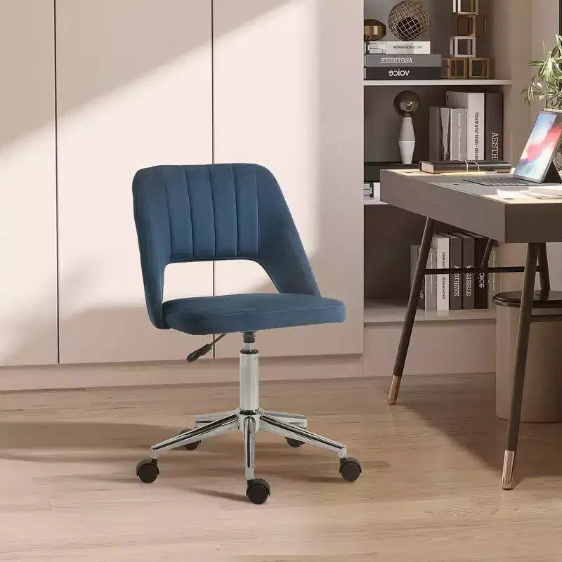 Silla de oficina moderna de media altura con tela de terciopelo, silla de escritorio giratoria sin brazos con diseño de respaldo hueco para oficina en casa