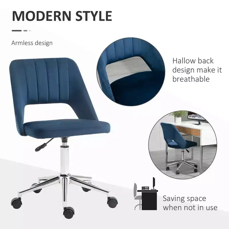 Silla de oficina moderna de media altura con tela de terciopelo, silla de escritorio giratoria sin brazos con diseño de respaldo hueco para oficina en casa