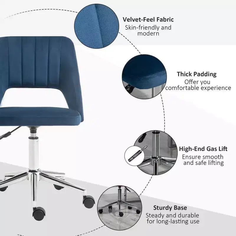 Silla de oficina moderna de media altura con tela de terciopelo, silla de escritorio giratoria sin brazos con diseño de respaldo hueco para oficina en casa