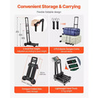 Carretilla plegable de 130 kg de capacidad de carga, carro de equipaje plegable con 4 ruedas, 2 cuerdas elásticas y base expandible, negro