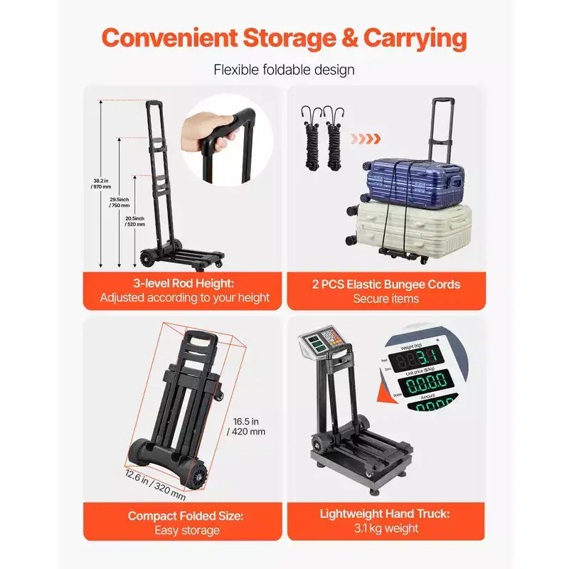 Carretilla plegable de 130 kg de capacidad de carga, carro de equipaje plegable con 4 ruedas, 2 cuerdas elásticas y base expandible, negro