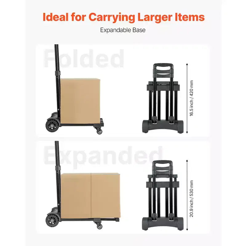 Carretilla plegable de 130 kg de capacidad de carga, carro de equipaje plegable con 4 ruedas, 2 cuerdas elásticas y base expandible, negro