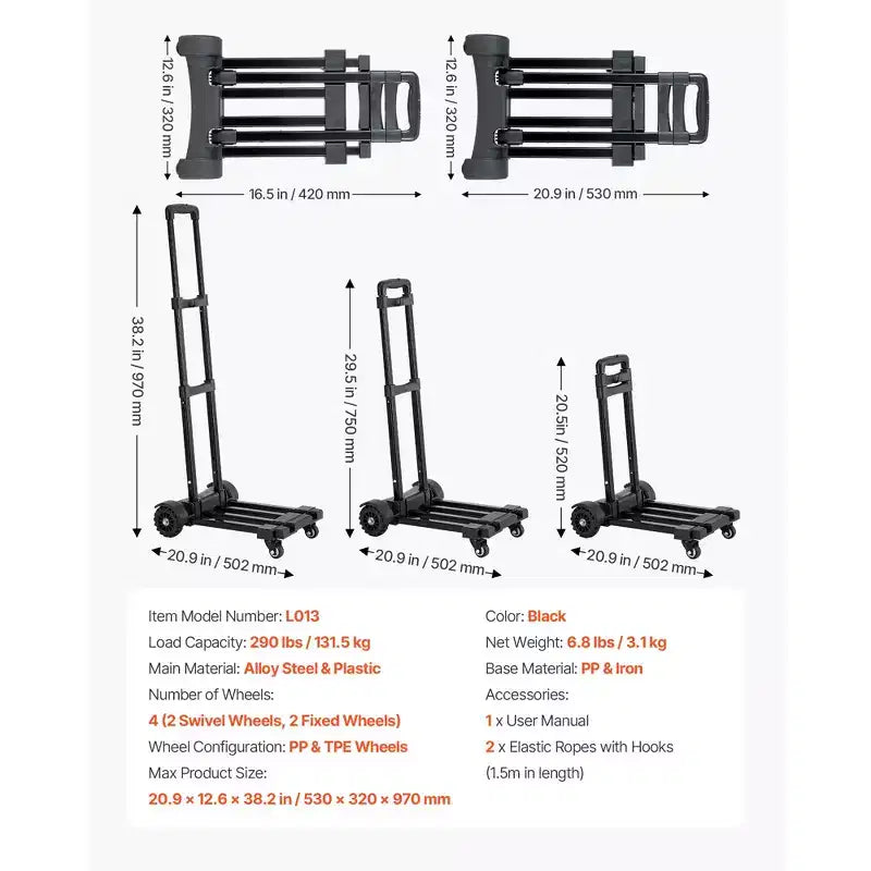 Carretilla plegable de 130 kg de capacidad de carga, carro de equipaje plegable con 4 ruedas, 2 cuerdas elásticas y base expandible, negro