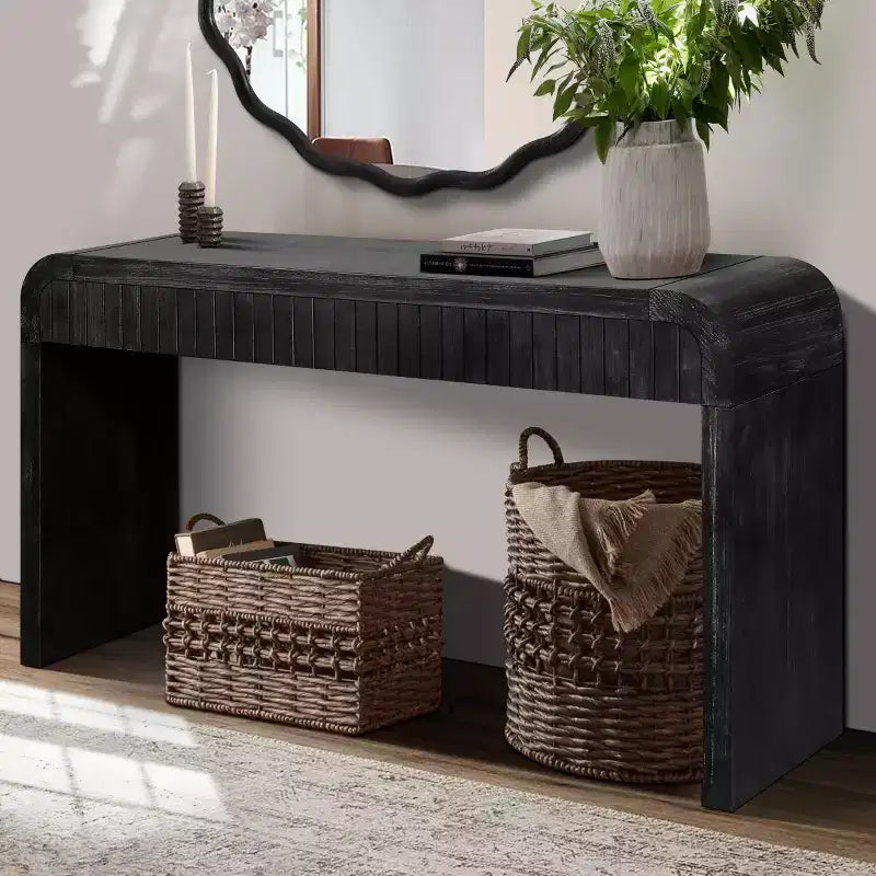 Mesa consola de entrada vintage de 59" con cajones, tiradores ocultos y diseño curvo para sala de estar