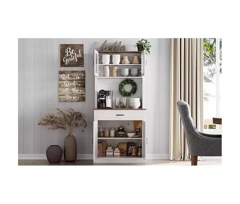 Armario alto para despensa - Armarios de almacenamiento de cocina con soporte para microondas, puertas de cristal estriado, cajón, estantes ajustables - Perfecto para comedores