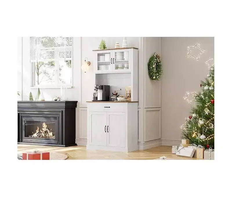 Armario alto para despensa - Armarios de almacenamiento de cocina con soporte para microondas, puertas de cristal estriado, cajón, estantes ajustables - Perfecto para comedores