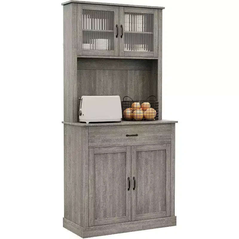 Armario alto para despensa - Armarios de almacenamiento de cocina con soporte para microondas, puertas de cristal estriado, cajón, estantes ajustables - Perfecto para comedores