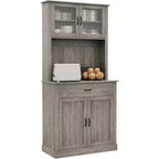 Armario alto para despensa - Armarios de almacenamiento de cocina con soporte para microondas, puertas de cristal estriado, cajón, estantes ajustables - Perfecto para comedores