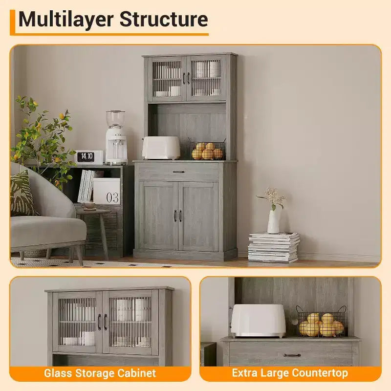 Armario alto para despensa - Armarios de almacenamiento de cocina con soporte para microondas, puertas de cristal estriado, cajón, estantes ajustables - Perfecto para comedores