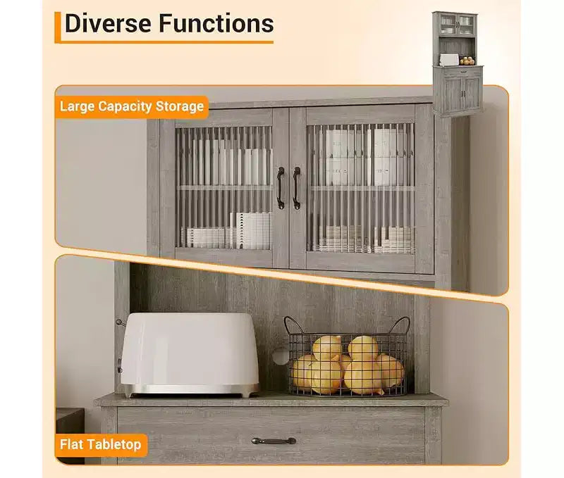 Armario alto para despensa - Armarios de almacenamiento de cocina con soporte para microondas, puertas de cristal estriado, cajón, estantes ajustables - Perfecto para comedores