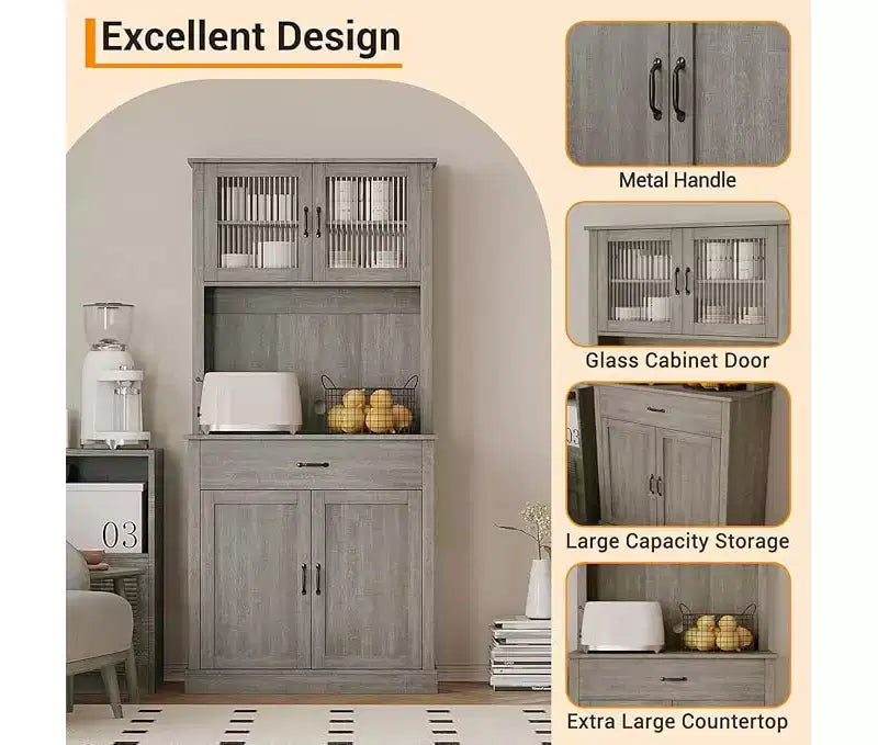 Armario alto para despensa - Armarios de almacenamiento de cocina con soporte para microondas, puertas de cristal estriado, cajón, estantes ajustables - Perfecto para comedores