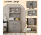 Armario alto para despensa - Armarios de almacenamiento de cocina con soporte para microondas, puertas de cristal estriado, cajón, estantes ajustables - Perfecto para comedores