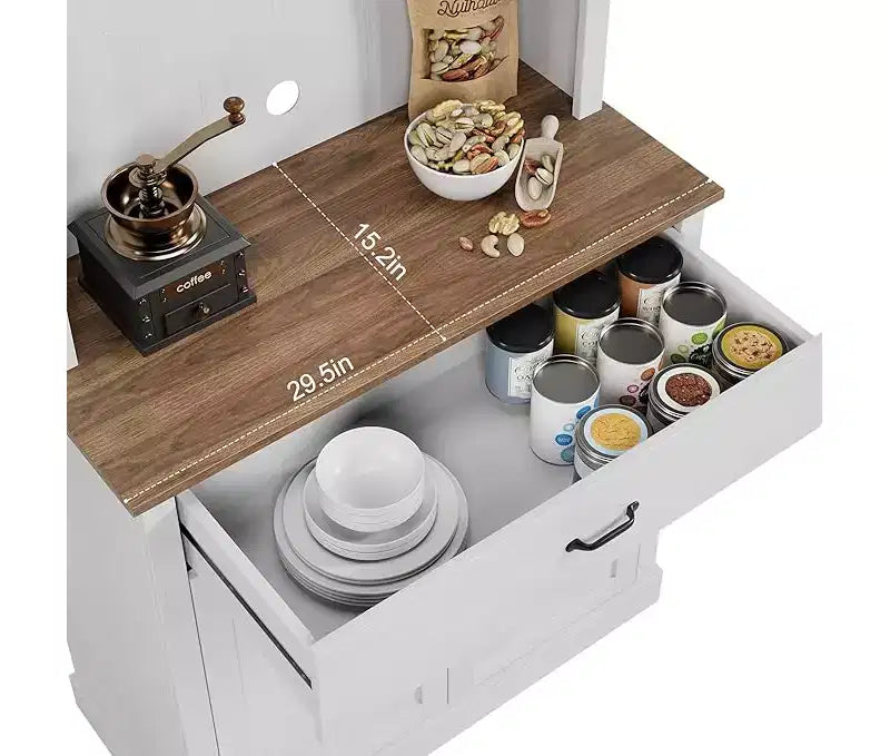 Armario alto para despensa - Armarios de almacenamiento de cocina con soporte para microondas, puertas de cristal estriado, cajón, estantes ajustables - Perfecto para comedores