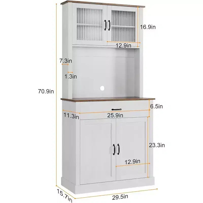 Armario alto para despensa - Armarios de almacenamiento de cocina con soporte para microondas, puertas de cristal estriado, cajón, estantes ajustables - Perfecto para comedores