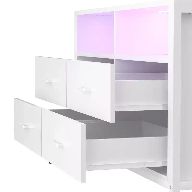Cómoda para dormitorio con luces LED y tomas de corriente, mueble de TV con 4 cajones