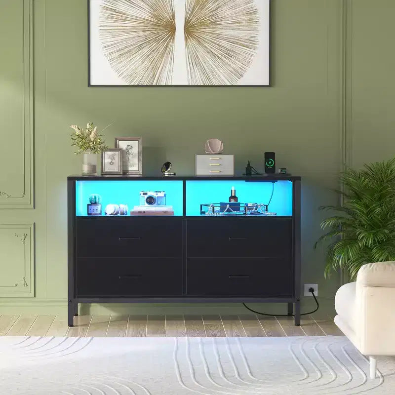 Cómoda para dormitorio con luces LED y tomas de corriente, mueble de TV con 4 cajones