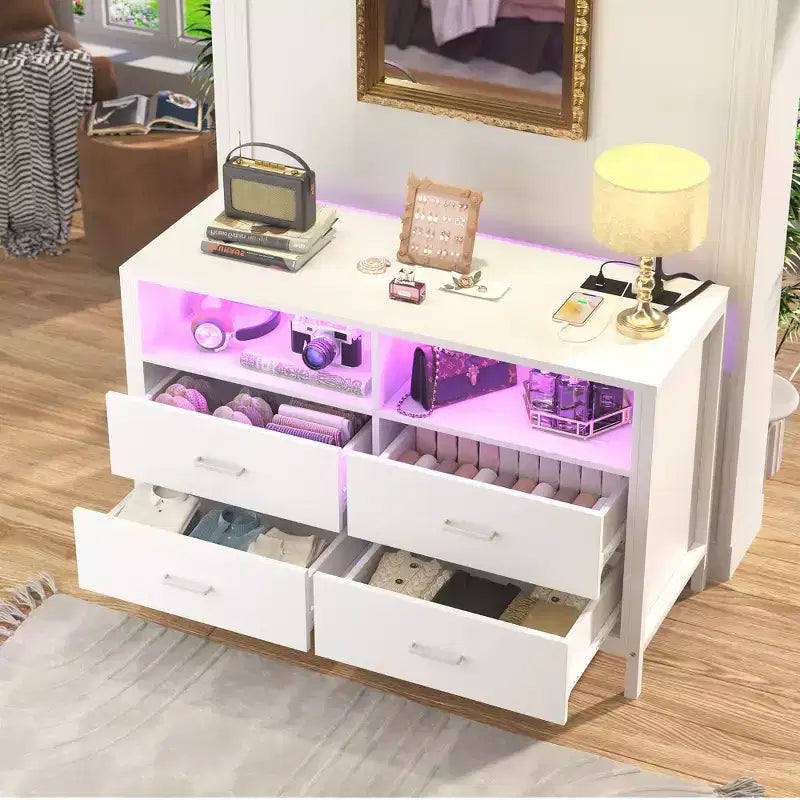 Cómoda para dormitorio con luces LED y tomas de corriente, mueble de TV con 4 cajones
